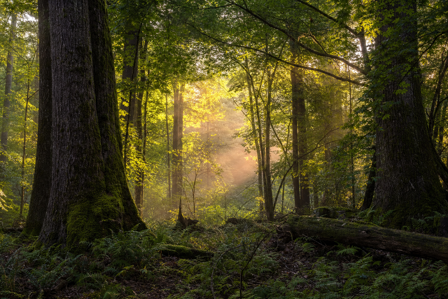 Light filtering through an old-growth forest at golden hour
